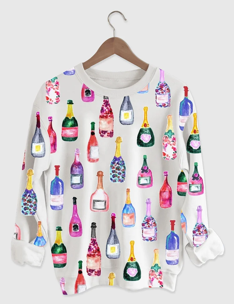 Women&rsquo;s Champagne Bottles Watercolor Hot Pink Long Sleeve Shirt