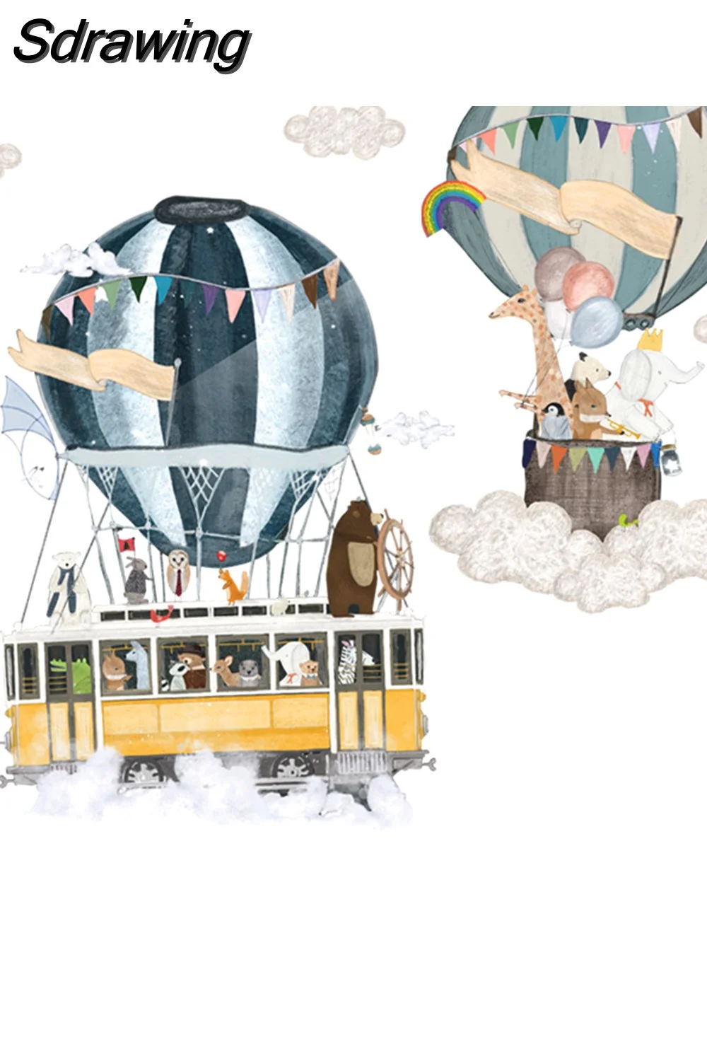 Sdrawing Animals Hot Air Balloon Clouds Wall Stickers Blue Color for Kids Room Baby Nursery Room Wall Decals Boy Room Stickers