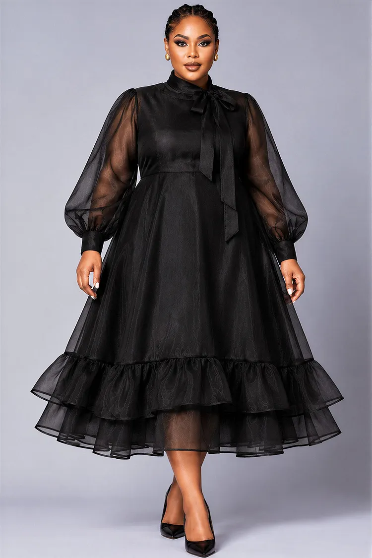 Xpluswear Design Plus Size Churchs Black Bow Tie Lantern Sleeve Long Sleeve Ruffle Organza Midi Dresses [Pre-Order] 2024 - Xpluswear