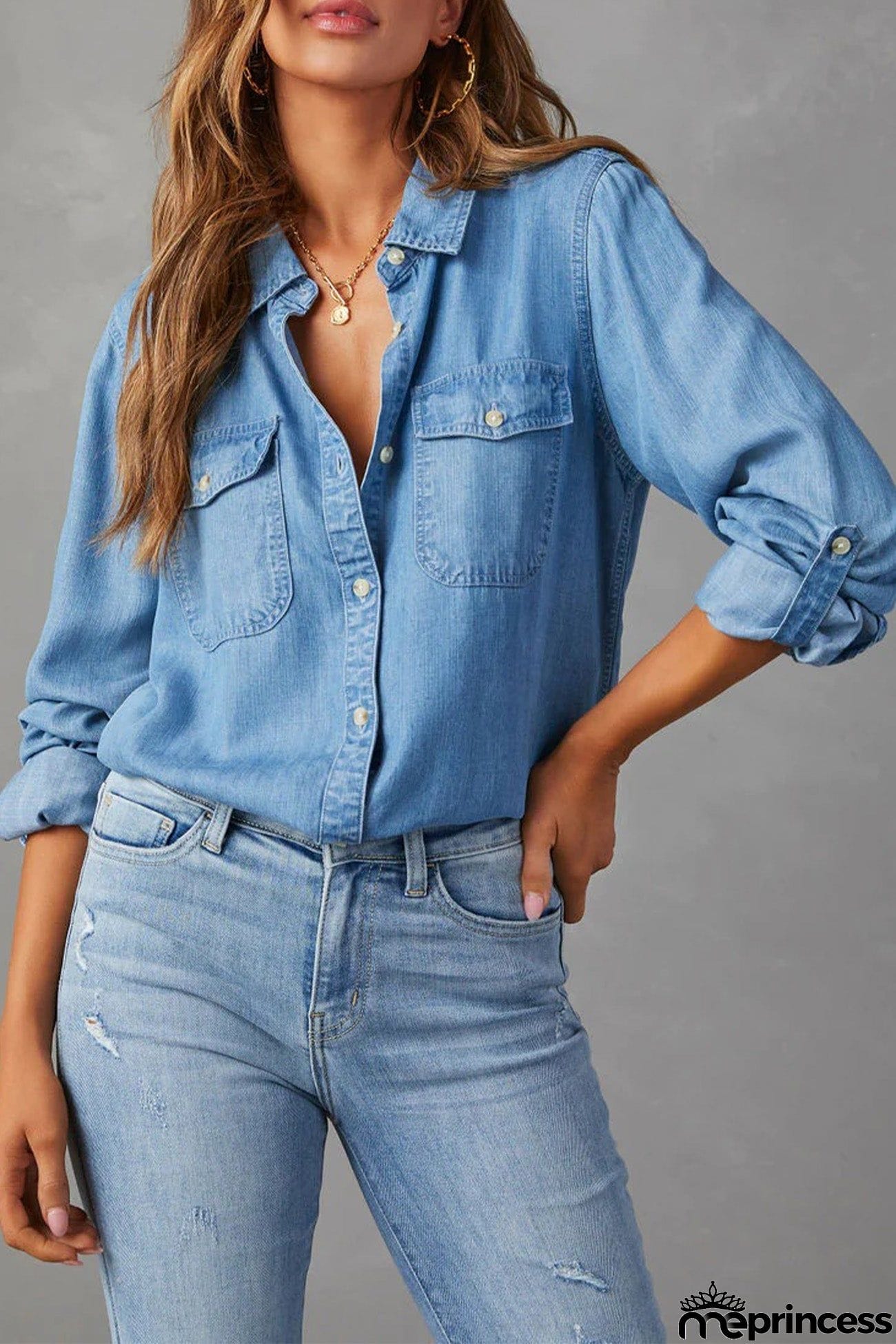 Long Sleeve Button-Up Denim Blouse