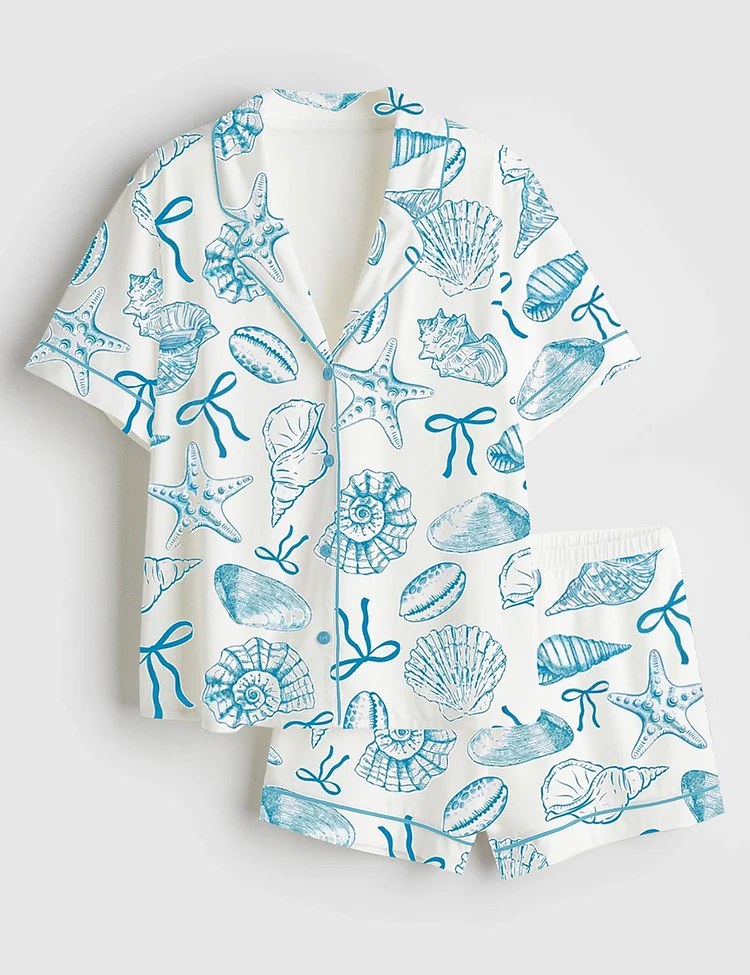 Women&rsquo;s Summer Coquette Bow Sea Girly Ocean Seashells Beach Print Short Sleeve Satin Pajama Set