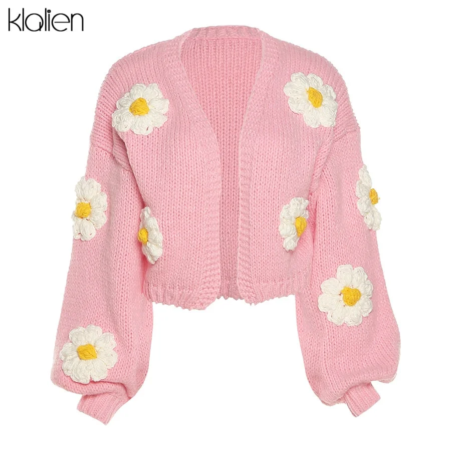 KLALIEN Fashion Elegant Cute Pink Print Sun Flower Cardigan Sweater For Women Autumn Streetwear College Office Lady Sweater