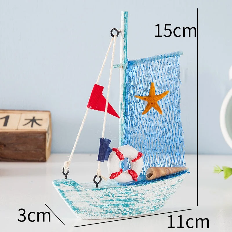 15cm Mediterranean Style Marine Nautical Wooden Blue Sailing Boat Ship Wood Crafts Ornaments Party Room Home Decoration