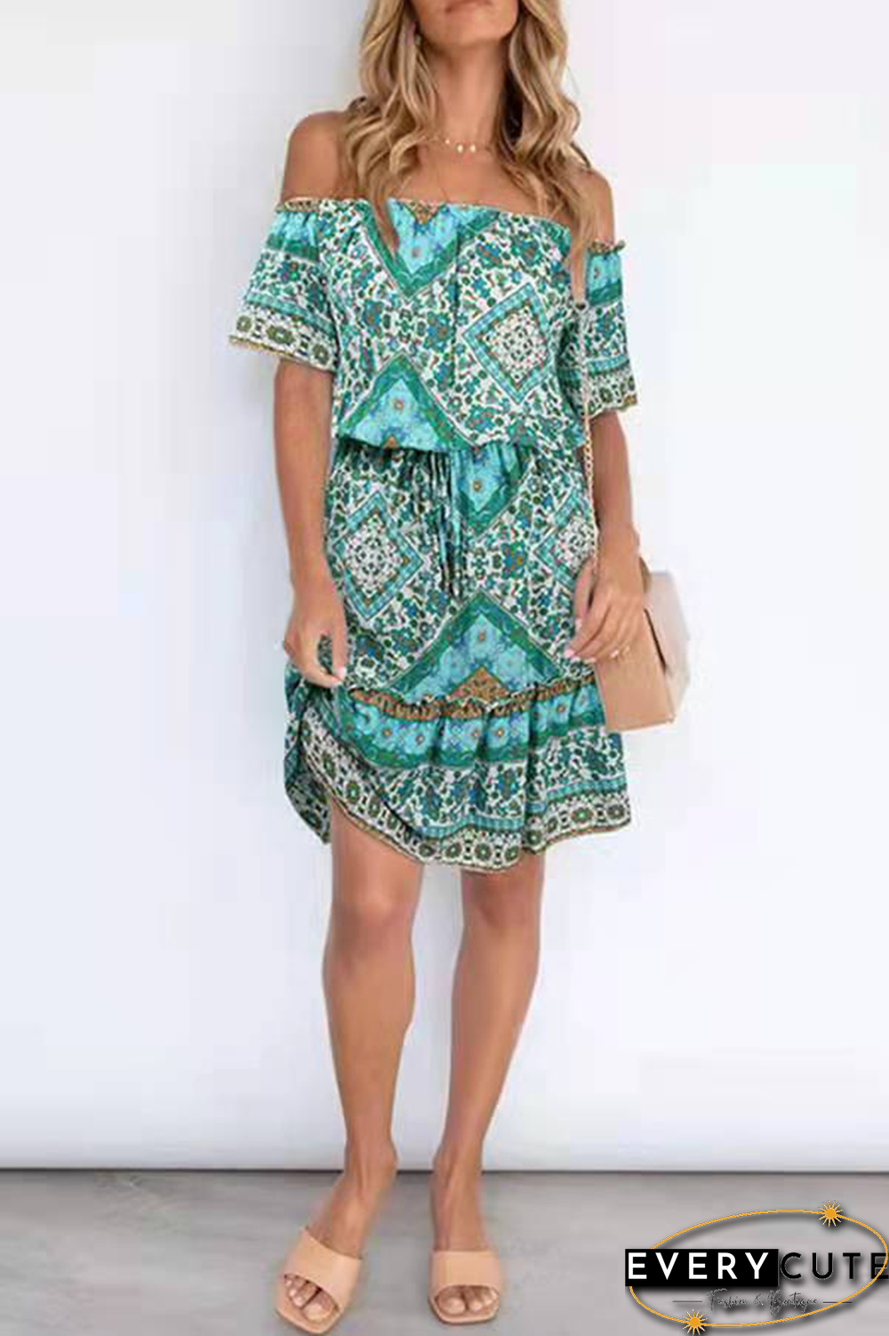 Bohemian Print Split Joint Off the Shoulder A Line Dresses