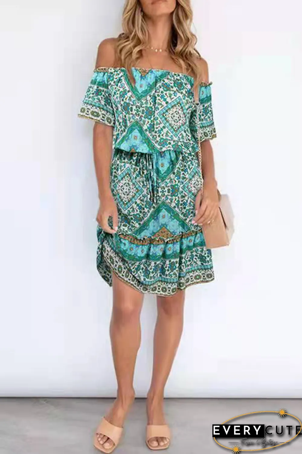 Bohemian Print Split Joint Off the Shoulder A Line Dresses
