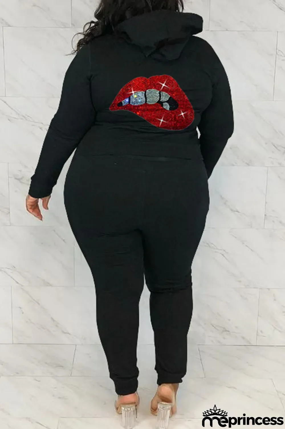 Black Fashion Casual Solid Hot Drill Hooded Collar Plus Size Two Pieces