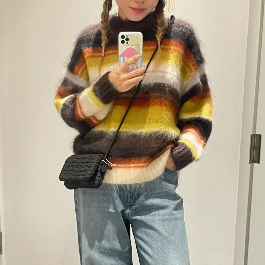 Nigikala Nigikala Women's Loose Version Of The Round-Neck Horse Seaweed Jumper Women Autumn And Winter New Striped Top