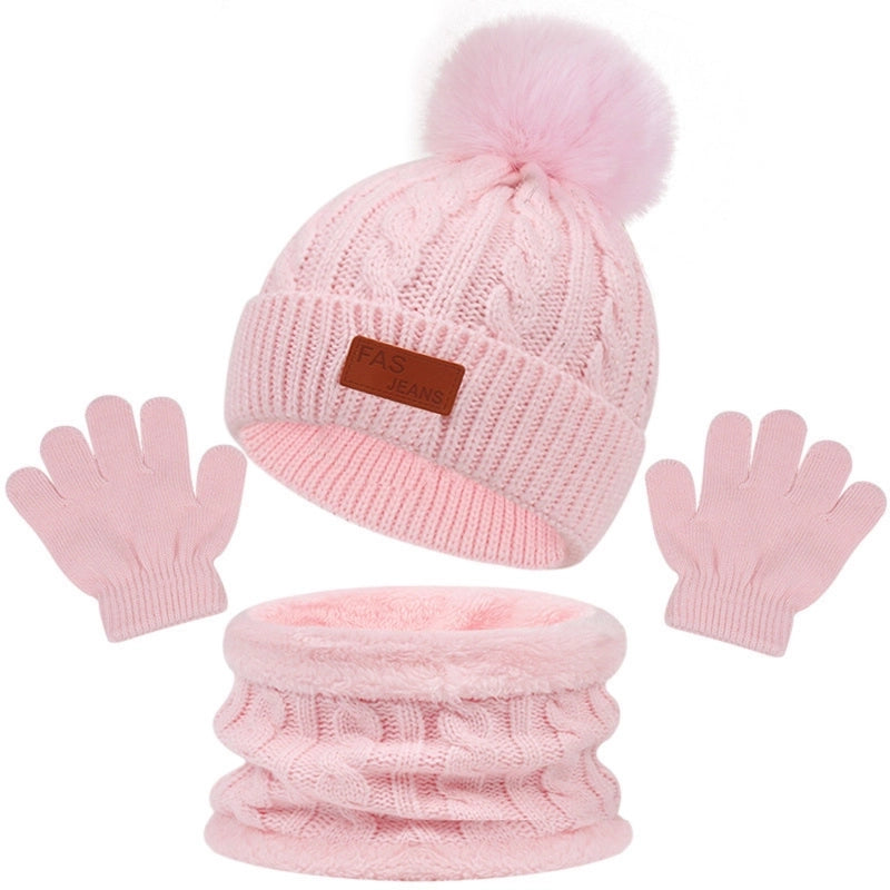 Autumn And Winter Children’s Warm Knitted Hat Scarf Gloves Three-piece Set Baby Outdoor Cold-proof Wool Hat Three Pieces