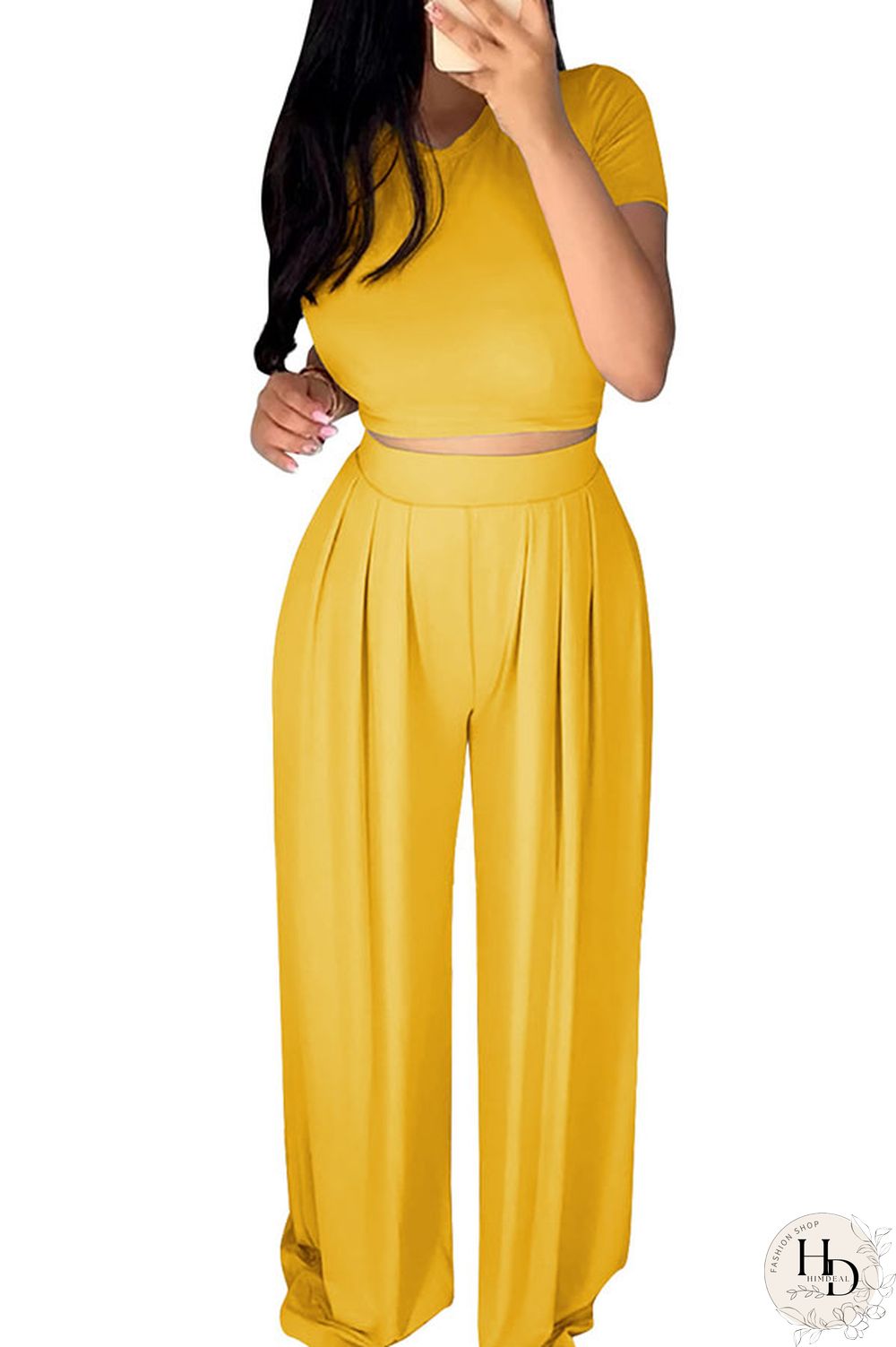 Yellow Casual Polyester Solid Split Joint O Neck Short Sleeve Short Two Pieces