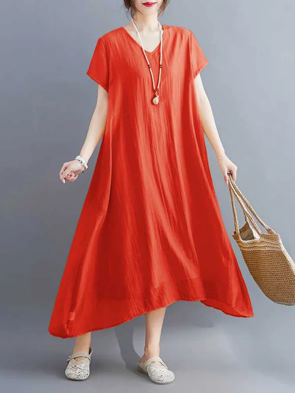 Solid Color Short Sleeves Loose V-Neck Midi Dresses