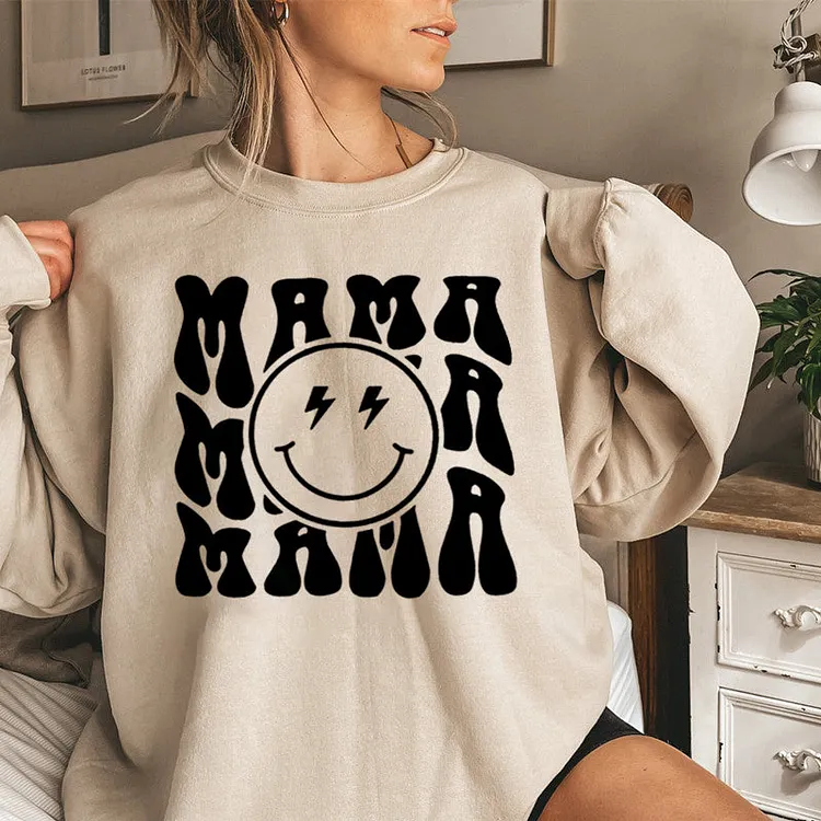 Custom Mama Smile Face Sweatshirt, Custom Mother's Day Sweatshirt, with Children's Names on the Sleeve