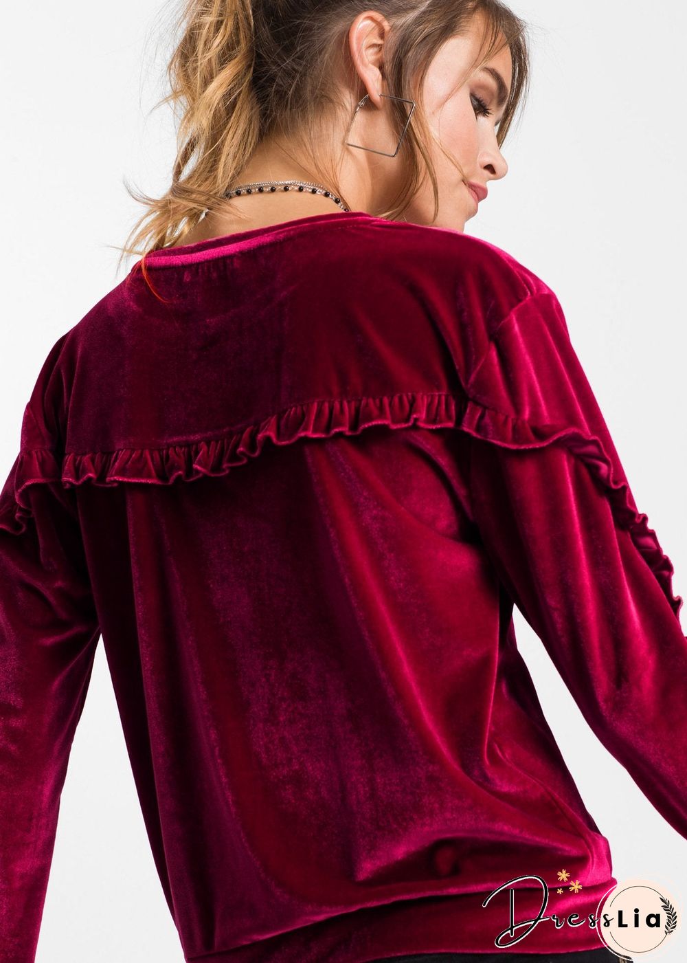 Round Neck Velvet Ruffled Velvet Shirt