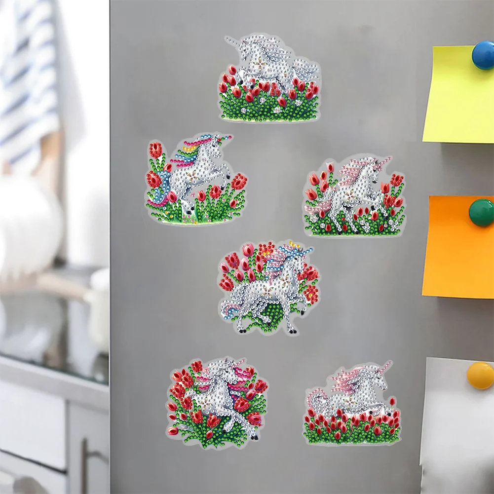  6 Pcs Tulip Horse Diamond Painting Cartoon Fridge Magnetic Stickers