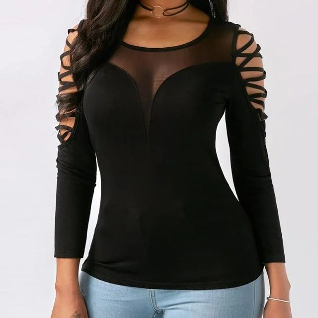 Plus Size Women Sexy Shimmer Mesh Blouse See-Through Black Perspective Bandage Tops