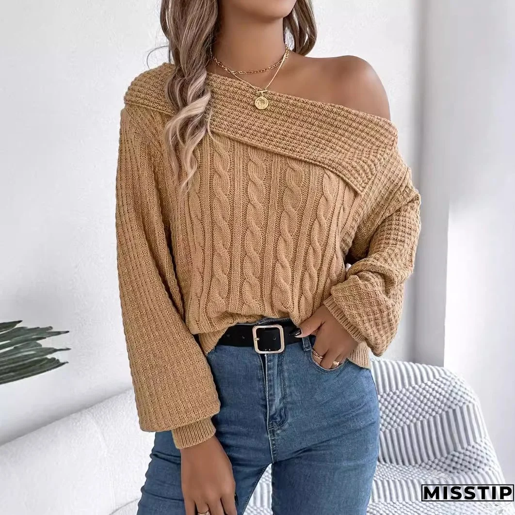 Autumn and winter casual sexy Turndown Collar off-shoulder twisted long-sleeved pullover sweater