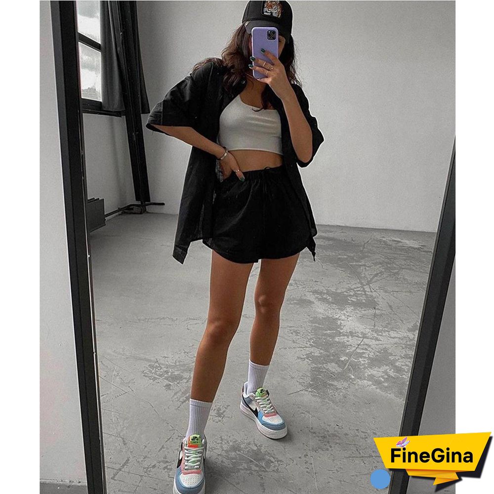 Summer Casual Tracksuit Women's Shorts Suits Green Streetwear Short Sleeve Shirt Tops Loose Drawstring Mini Shorts Two Piece Set