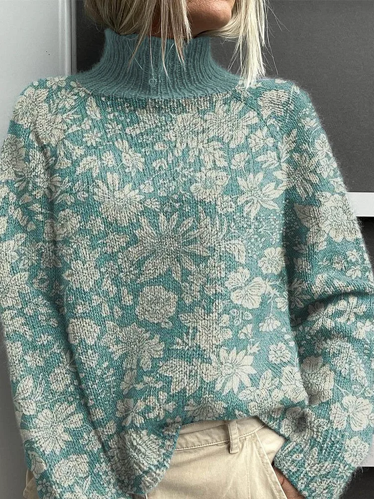 Women's Vintage Lovely Floral Art Print Knit Turtleneck Pullover Sweater