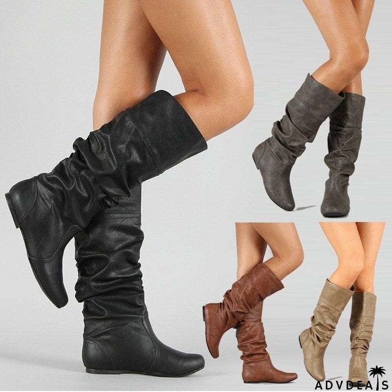 Fashion Slouch Leather Mid-Calf Flat Boots