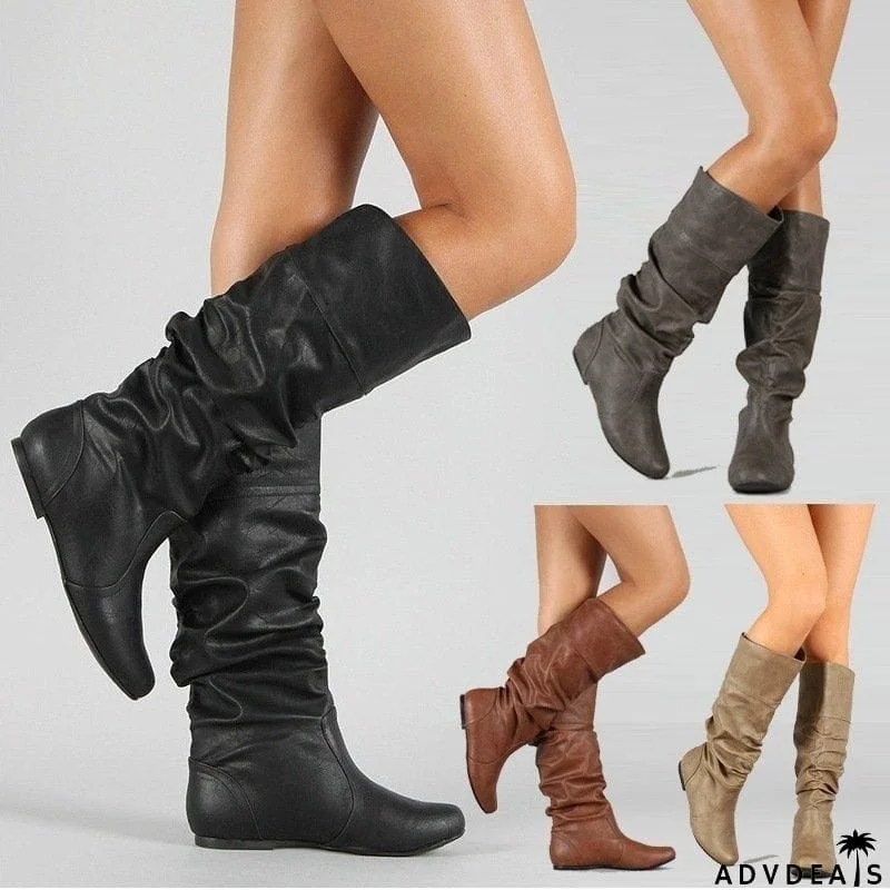 Fashion Slouch Leather Mid-Calf Flat Boots