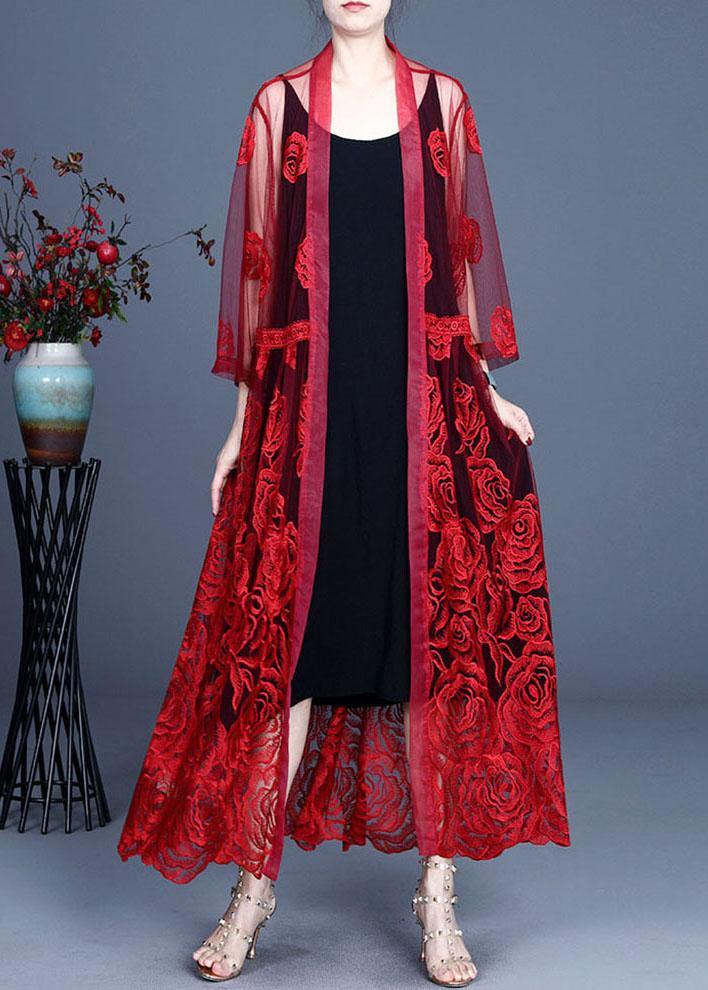 VCSHOES Red Embroideried Tulle Cardigan Long