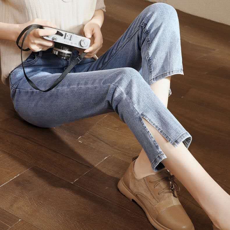 Women Jeans Straight Elastic Denim Clothing High Waist Trousers All-match Side-slit Fashion Korean Style Trendy Retro Streetwear
