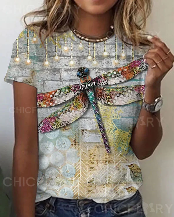 Women's Dragonfly Pattern Crew Neck T-shirt