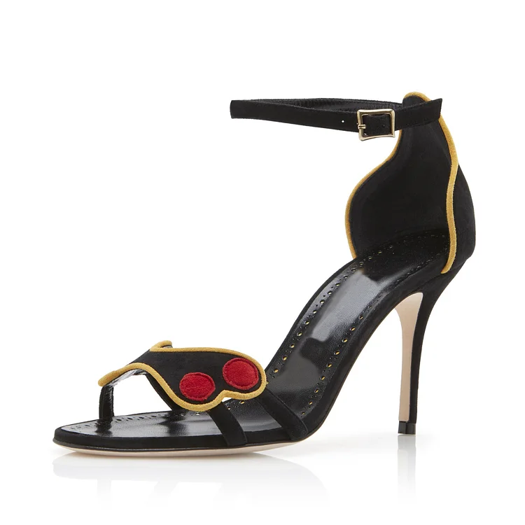 Black & Red Vegan Suede Stiletto Heels Ankle Strap Summer Sandals |FSJ Shoes