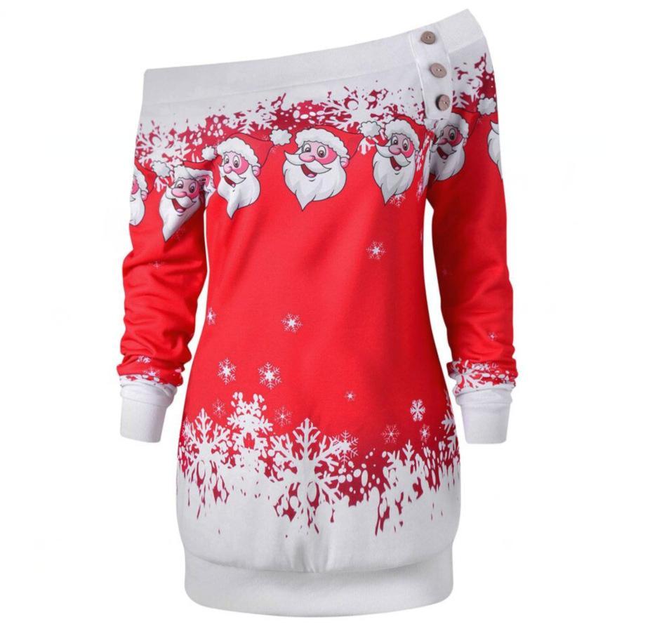  thdmladies Christmas Print One-shoulder Sweatshirt thedmladies