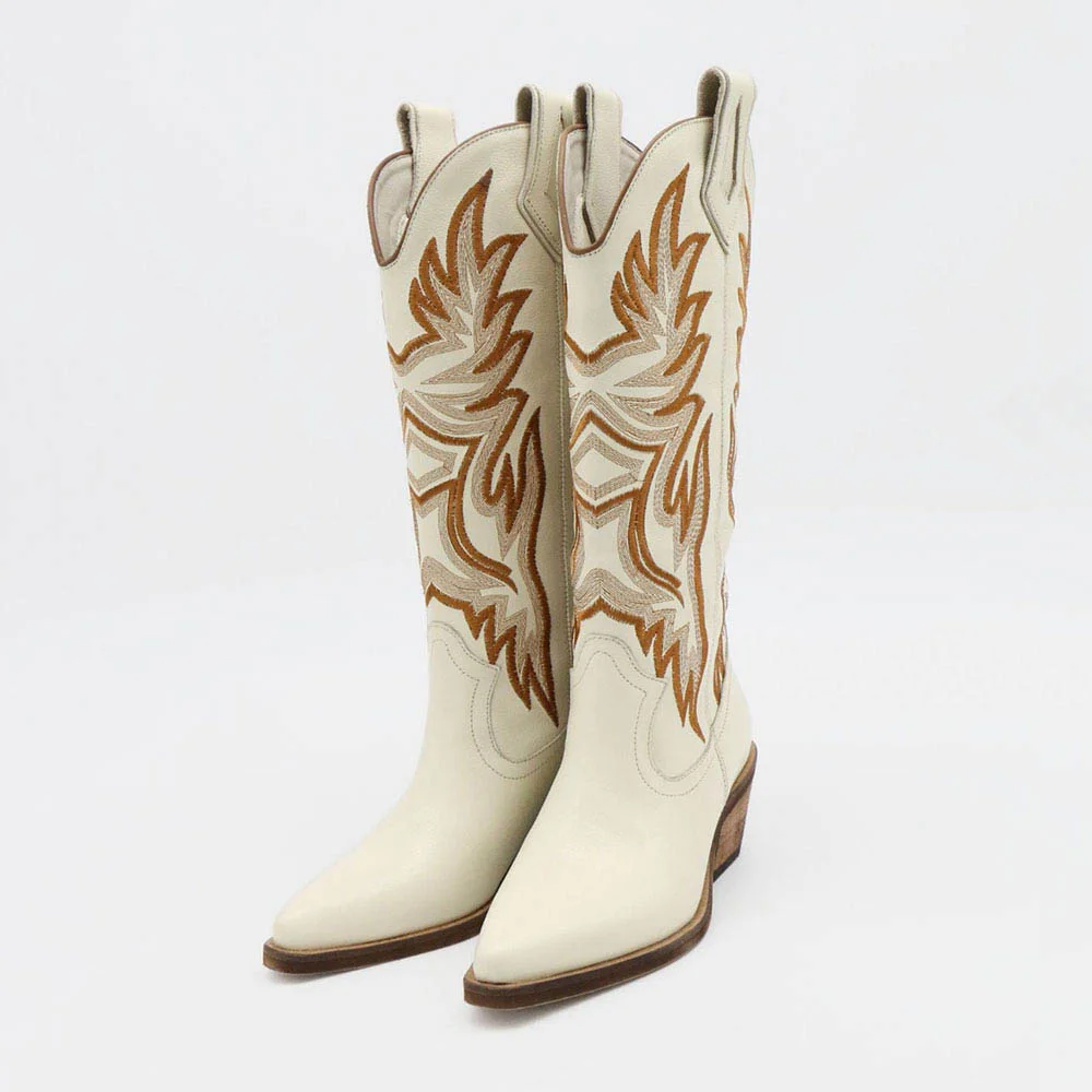 Ivory Chunky Heel Embroidered Snip Toe Western Cowgirl Boots for Women