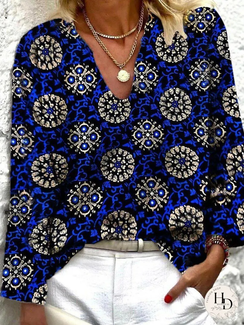 Blouses Vintage Print V-Neck Long Sleeve Blouse for Women
