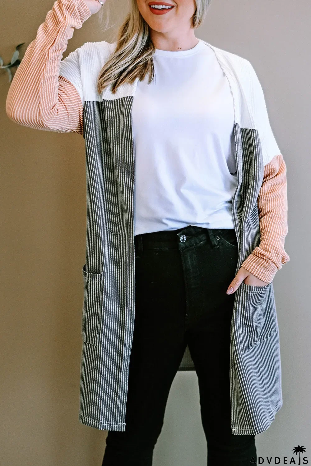 Gray Corded Colorblock Open Front Cardigan
