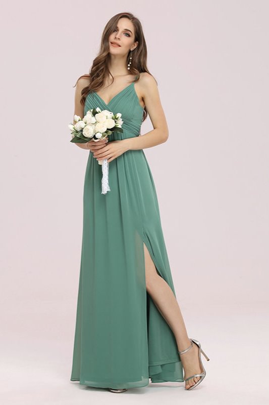 Dusty Sage Chiffon Bridesmaid Dress Long Evening Gowns With Slit - lulusllly