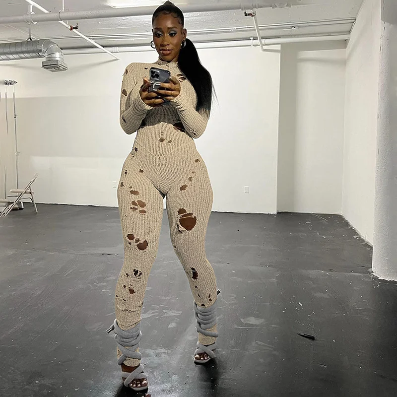 Uveng Uveng Women's Clothing 2023 Autumn And Winter 2023 New Fashion Hole Long Sleeves Strap With Wool Long Jumpsuit