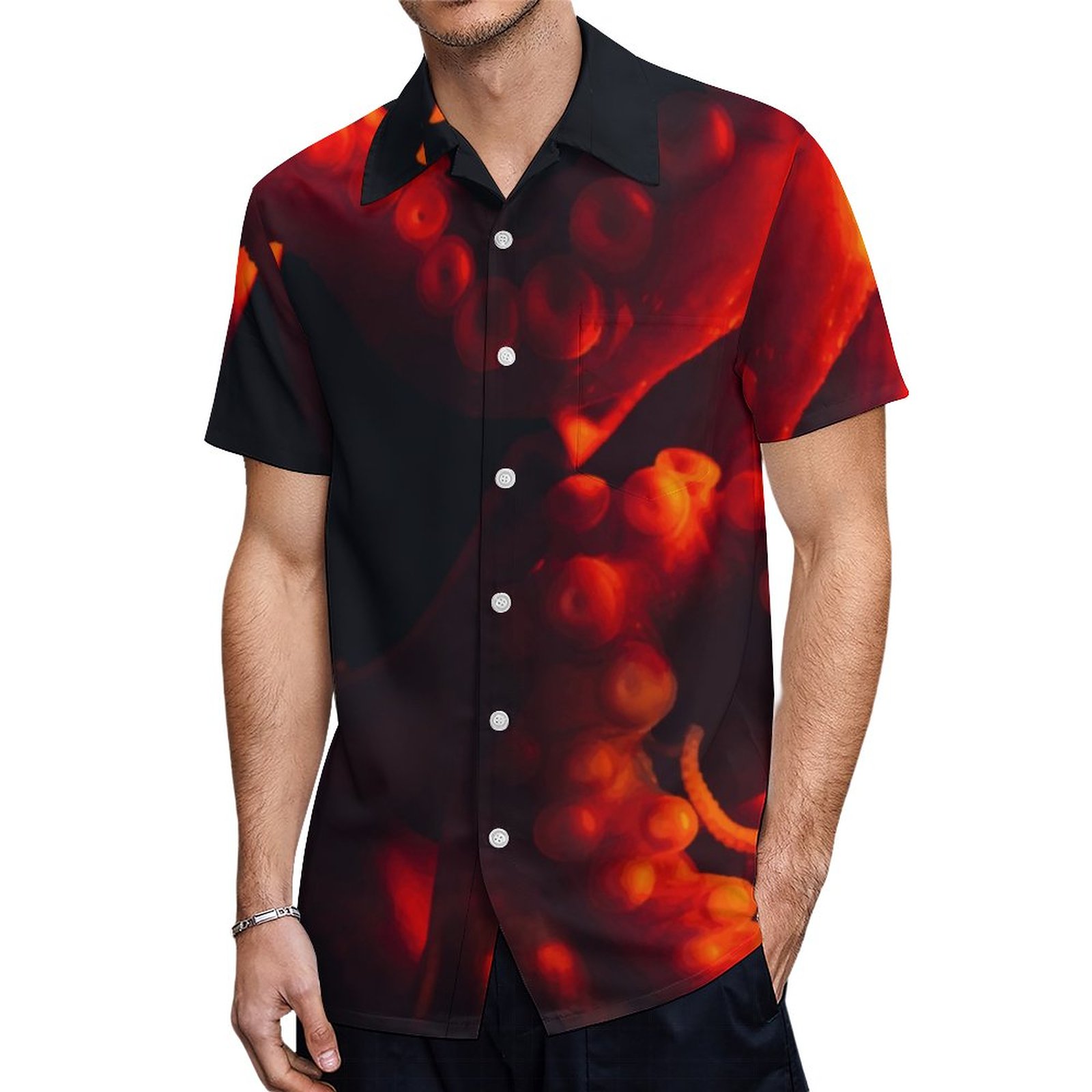 Red Orange Black Octopus Tentacles Sea Creature Hawaiian Shirt Mens Button Down Tropical Hawaii Beach Shirts