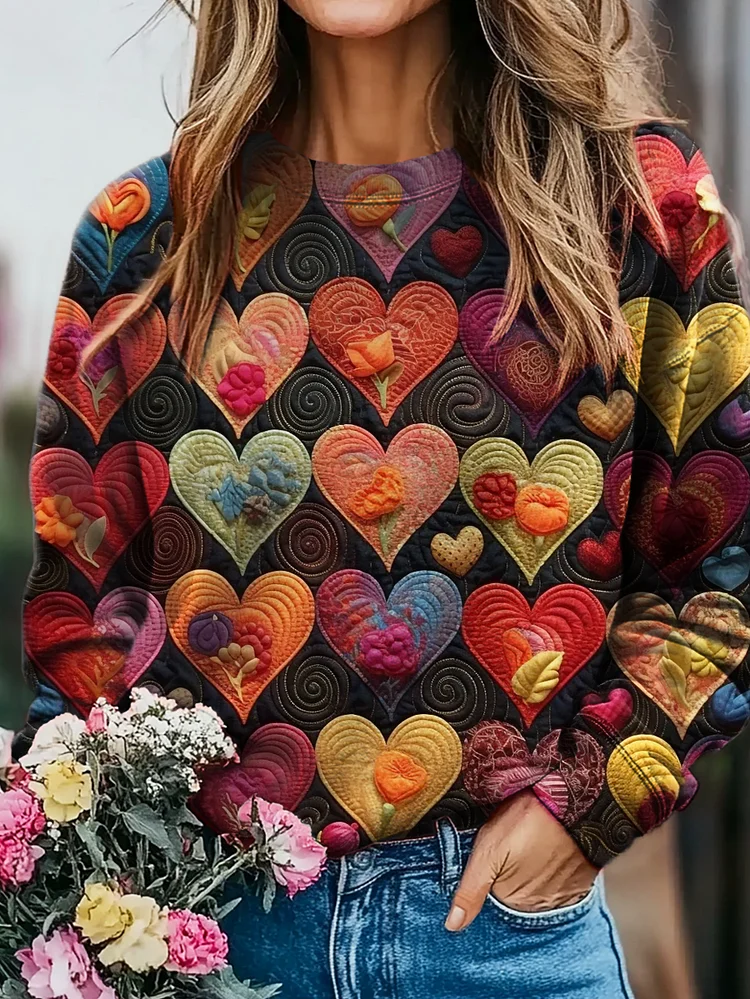 Women's Vintage Heart Art Print Casual Crew Neck Sweatshirt