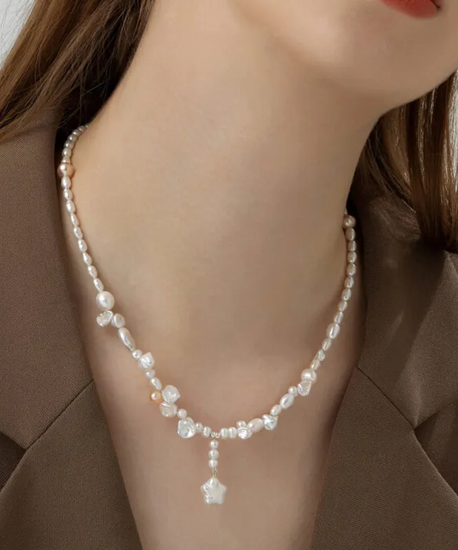 Boho White Sterling Silver Pearl Pentagram Pendant Necklace