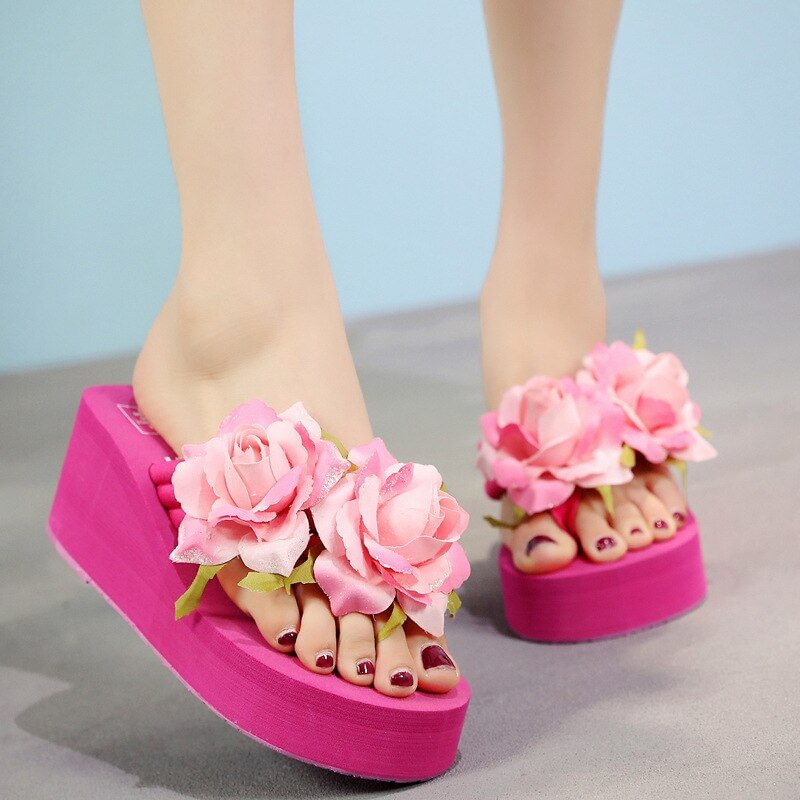 New Fashion Platform Woman High Heel Slipper Flip Flops Summer Ladies Sandals Female Flower Sandals Wedges Shoes Slippers hy455