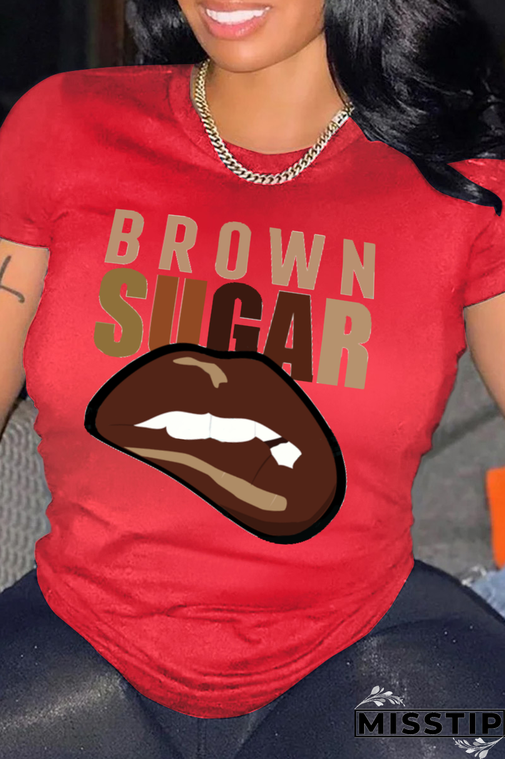 White Casual Daily Lips Printed Patchwork Letter O Neck T-Shirts