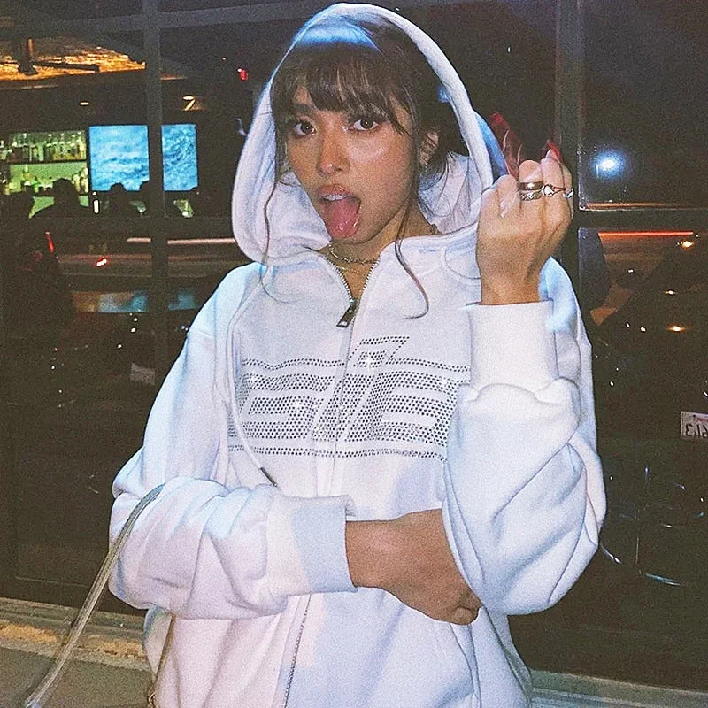 Y2K Fashion Rhinestone Hoodies Women Hip Hop Joggers Sweatshirt Korean Oversized Zipper Sport Coat Ladies Gothic Jacket Pullover