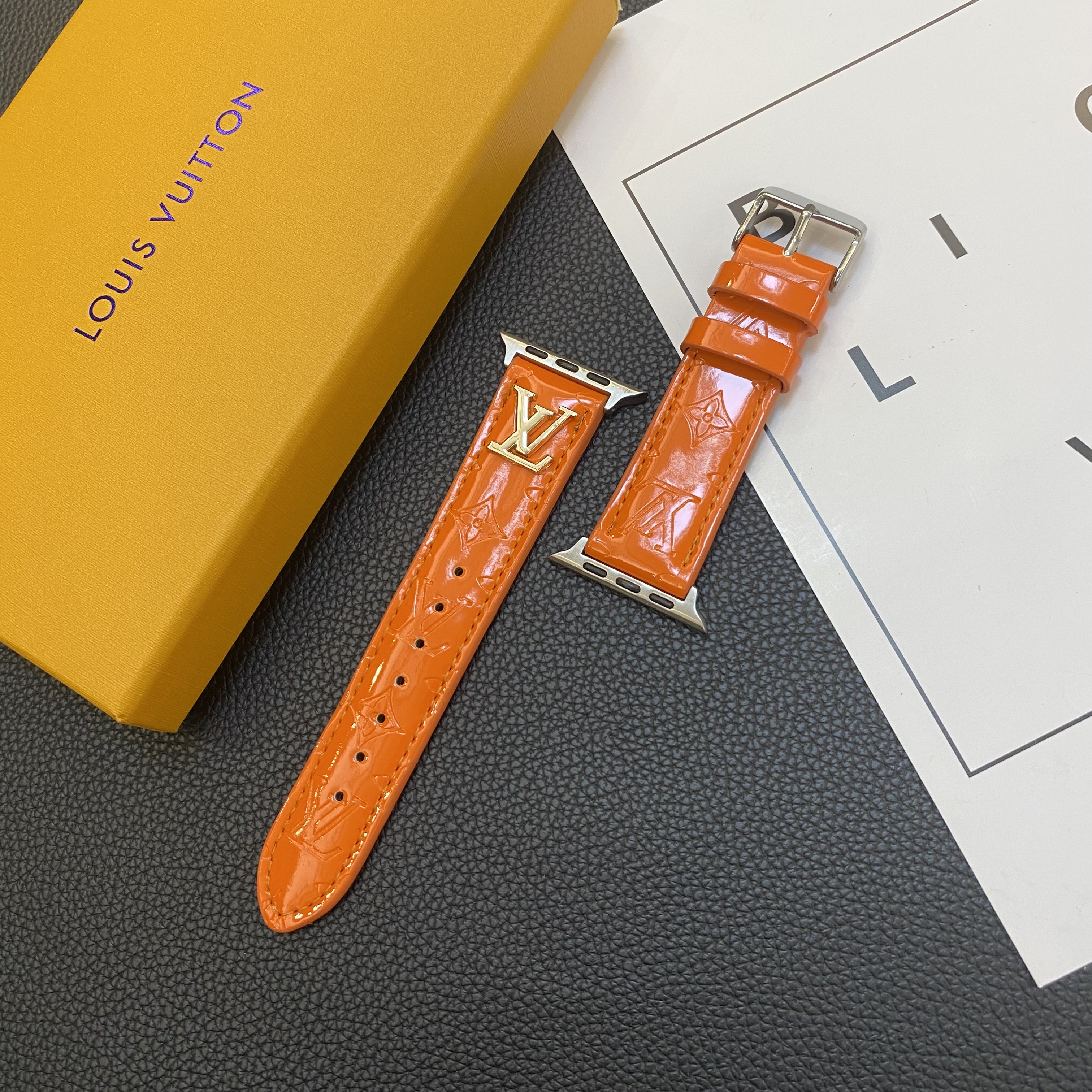 LV Glossy Leather Apple Watch Strap Luxury Metal Logo