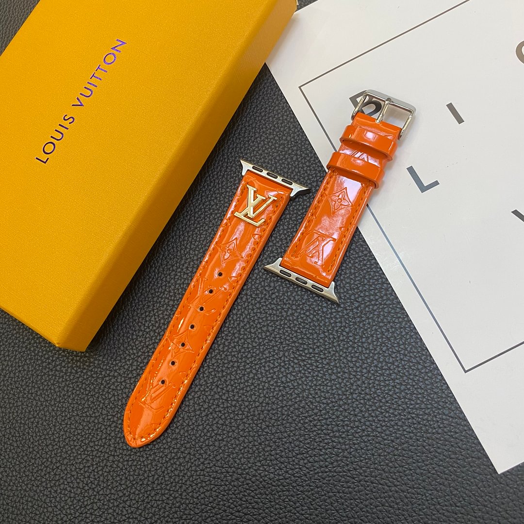 LV Glossy Leather Apple Watch Strap Luxury Metal Logo