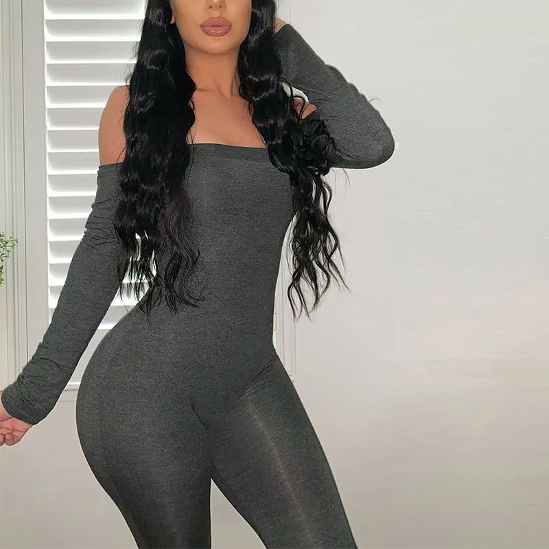 Uveng Uveng Supply Of Women's Clothing Clean Color Shoulder Long-Sleeved Hips Feet Casual Fashion Conjoined Trousers