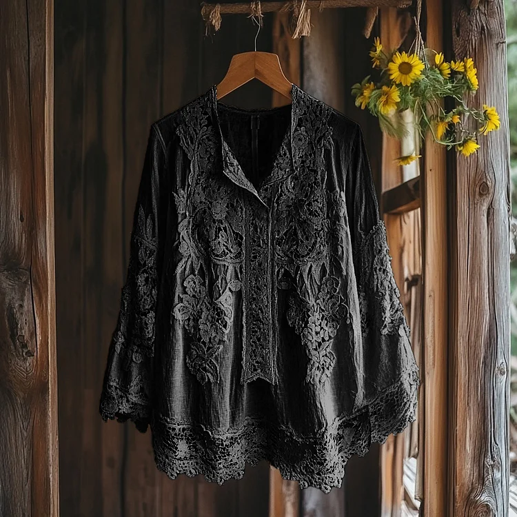Women's Retro Floral Lace Embroidery Art V-neck Shirt