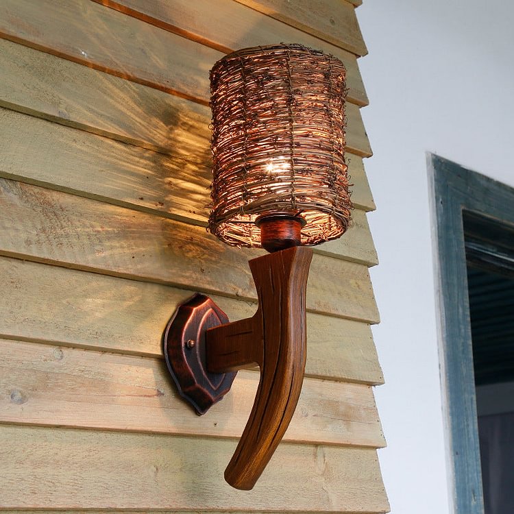 Armed Wood Wall Lamp Chinese 1 Bulb Brown Sconce Light Fixture with Cylinder Rattan Shade