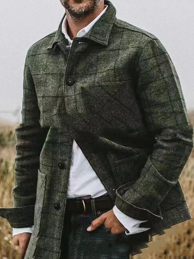 Men's Retro Plaid Outdoor Pocket Lapel Long Sleeve Jacket