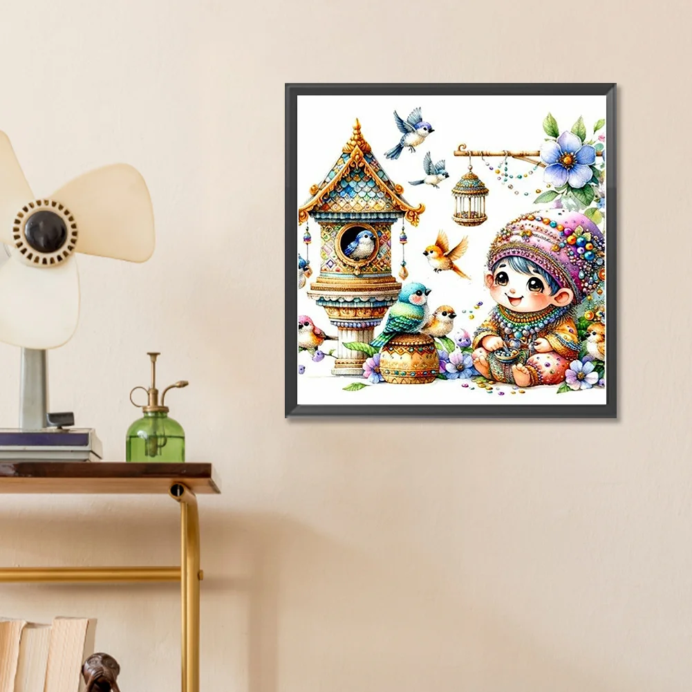 Diamond Painting - Full Round Drill - Cute Gnome Bird Nest(Canvas|30*30cm)