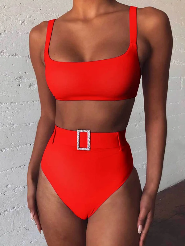 Spaghetti Neck High Waist Belted Bikini Set