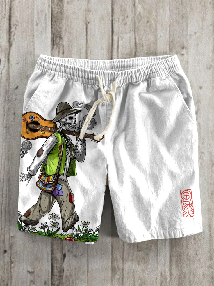 Men's Retro Psychedelic Skull Guitar Natural Art Print Shorts