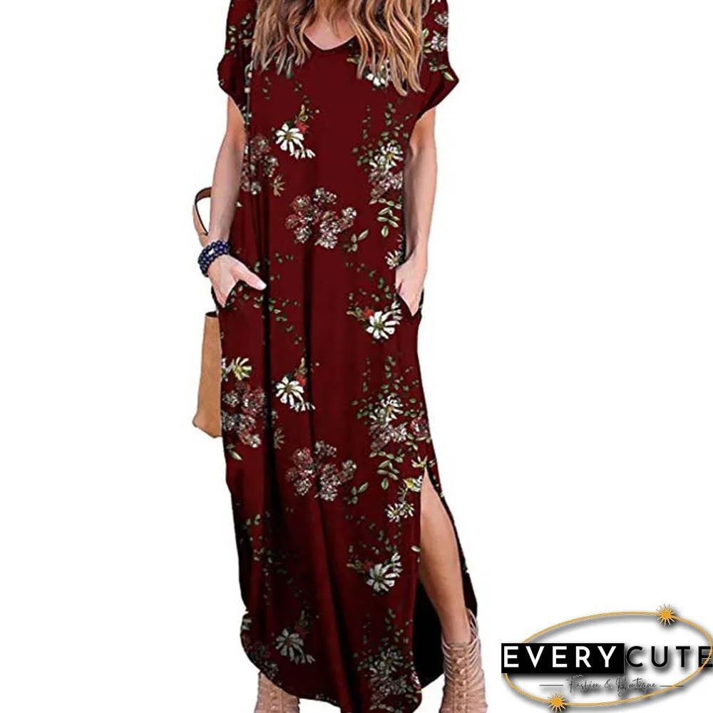 Wine Red Floral Print Short Sleeve Slit Maxi Dress