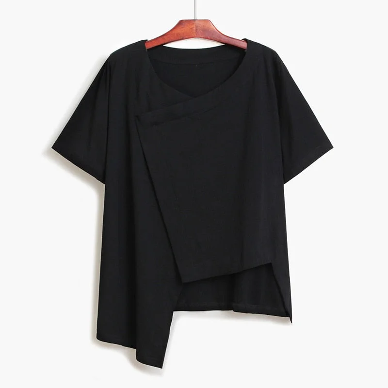 [EAM] Women Black Big Size Casual Irregular Spliced Cross T-shirt V-Neck Short Sleeve Fashion Tide Spring Summer 2021 1DD8193